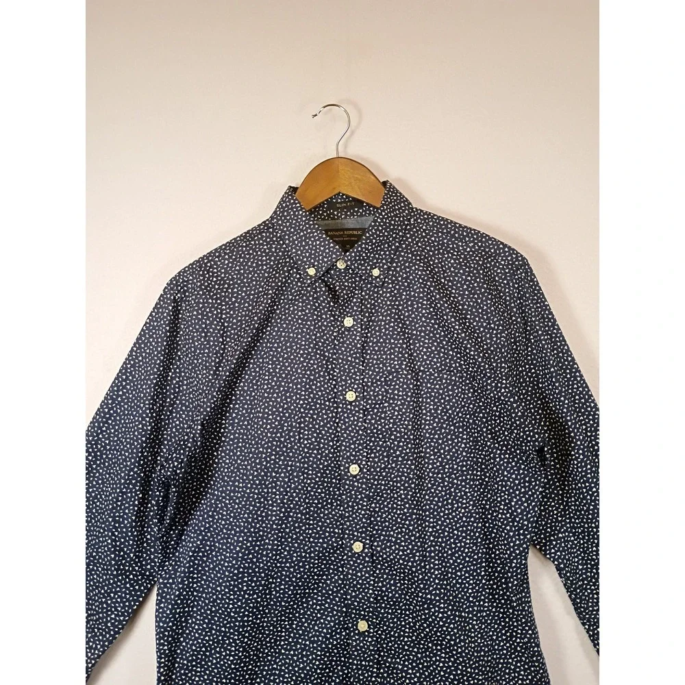 Preppy Banana Republic Mens Medium Navy Blue Slim Fit Micro Print Button Down